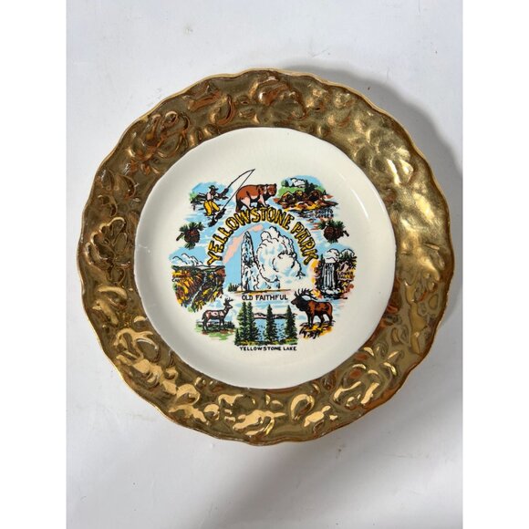 Vintage Yellowstone Park Souvenir Plate With Gold Tone Border - Picture 10 of 16